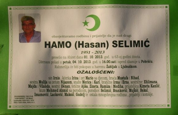 Obavijest o dzenazi Hame Selimica