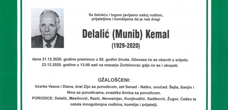Preselio Kemal Delalić, osmrtnica